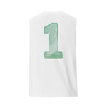 Back view of a man wearing the Breakin’ Atoms Lakou Tank Muscle Shirt in white. The shirt features a large mint-green watercolor-style number “1” printed in the center of the back. thumbnail 3