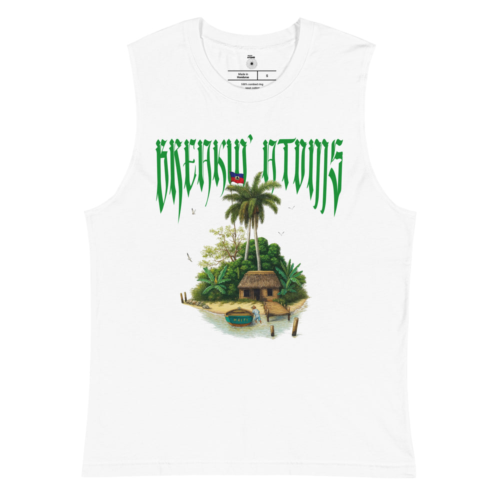 Front view of the Breakin’ Atoms Lakou Tank Muscle Shirt in white. The design features a detailed island scene with a thatched hut, palm trees, and a docked canoe marked “Haiti.” Above the illustration, the Breakin’ Atoms logo is printed in sharp green gothic lettering with the Haitian flag perched at the top of the palms. — Breakin Atoms premium streetwear