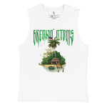 Front view of the Breakin’ Atoms Lakou Tank Muscle Shirt in white. The design features a detailed island scene with a thatched hut, palm trees, and a docked canoe marked “Haiti.” Above the illustration, the Breakin’ Atoms logo is printed in sharp green gothic lettering with the Haitian flag perched at the top of the palms. thumbnail 1