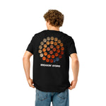 man wearing Phases by Breakin' Atoms black t-shirt with lunar cycle graphic and white logo on back thumbnail 2