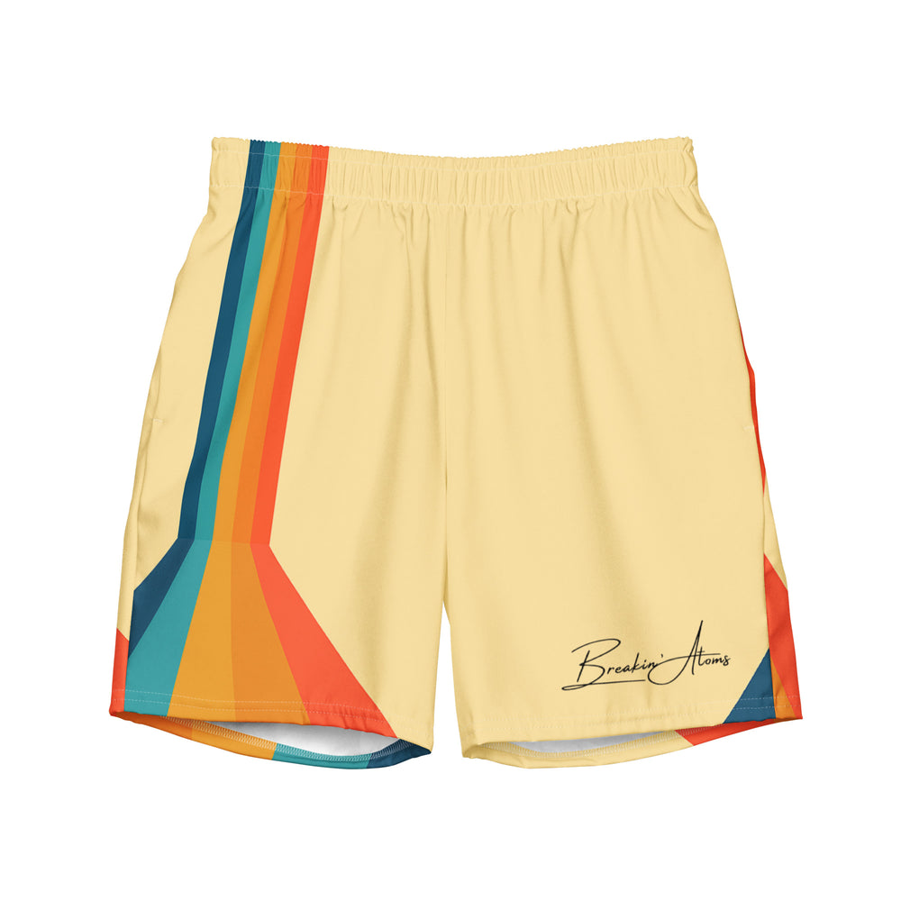 Retro Lane yellow swim trunks with multicolor side stripes — Breakin Atoms premium streetwear