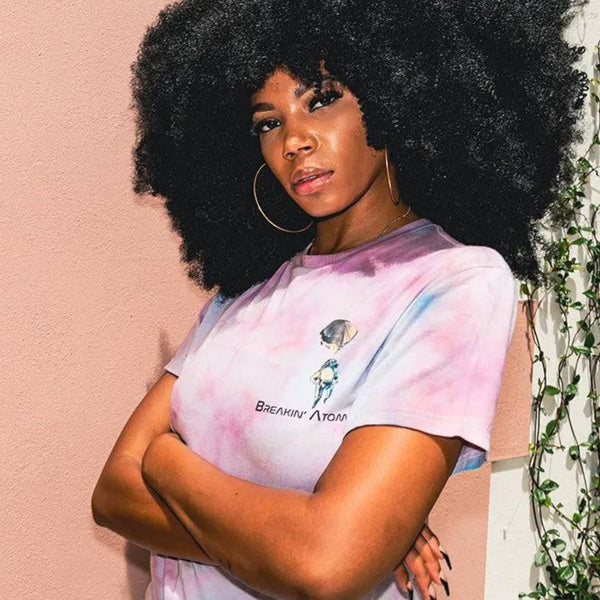 Spaceman Organized Chaos Tie-Dye Marshmallow Pink Tee by Breakin' Atoms – Stylish streetwear graphic tee 